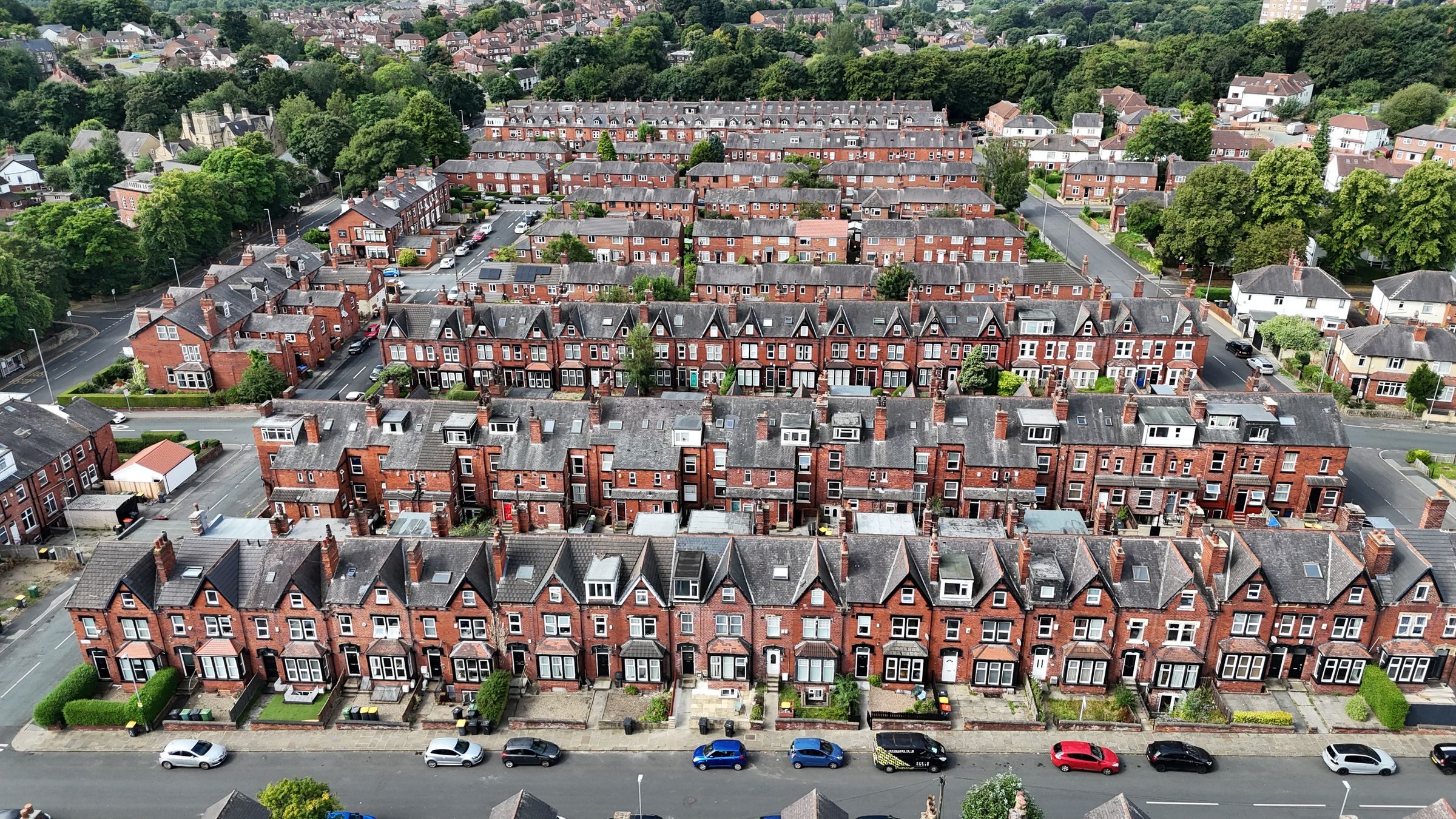 Aerial view of Victorian red brick terraces in a northern English city
