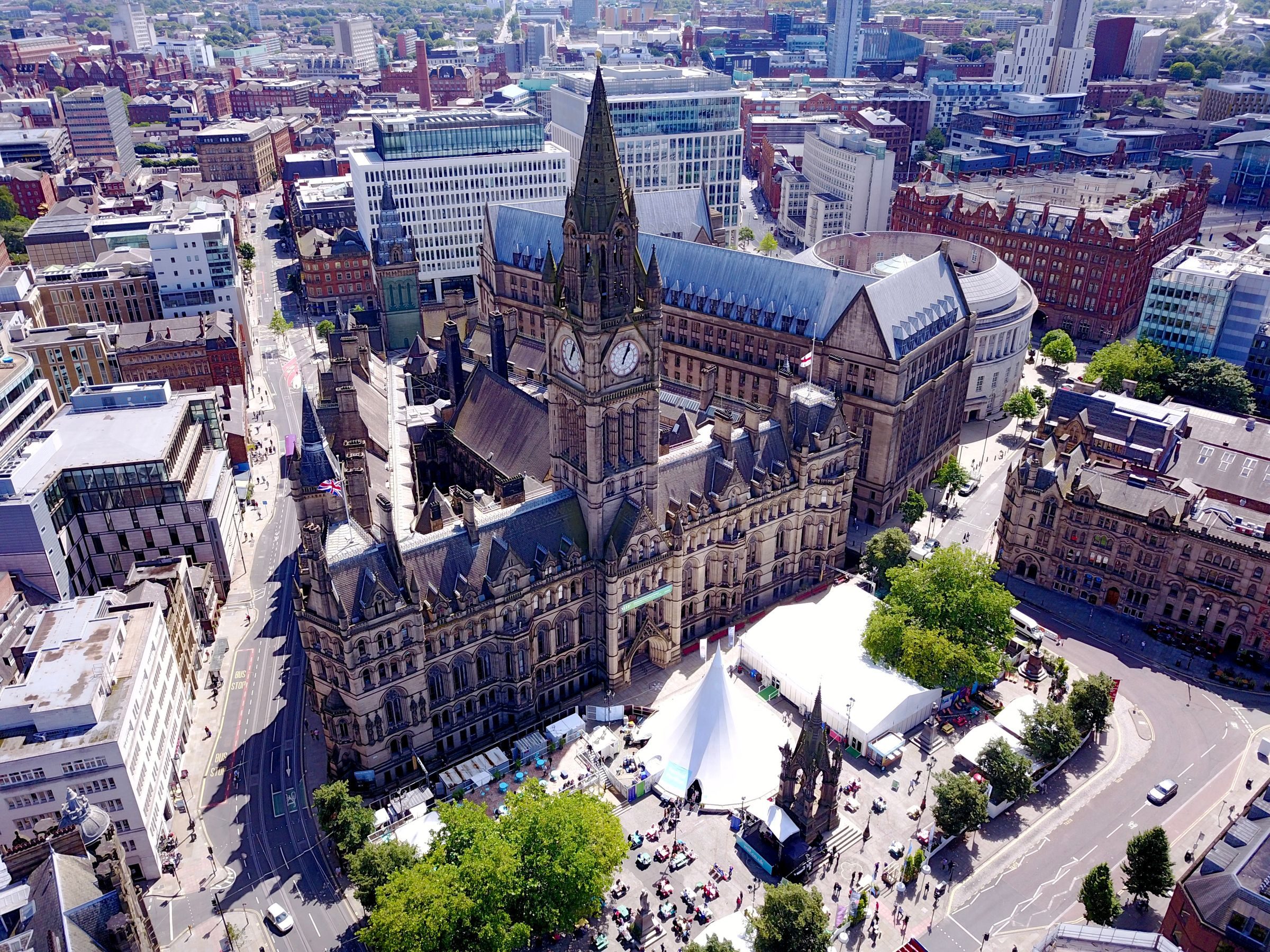 Aerial view of Manchester Town Hall and Albert Square