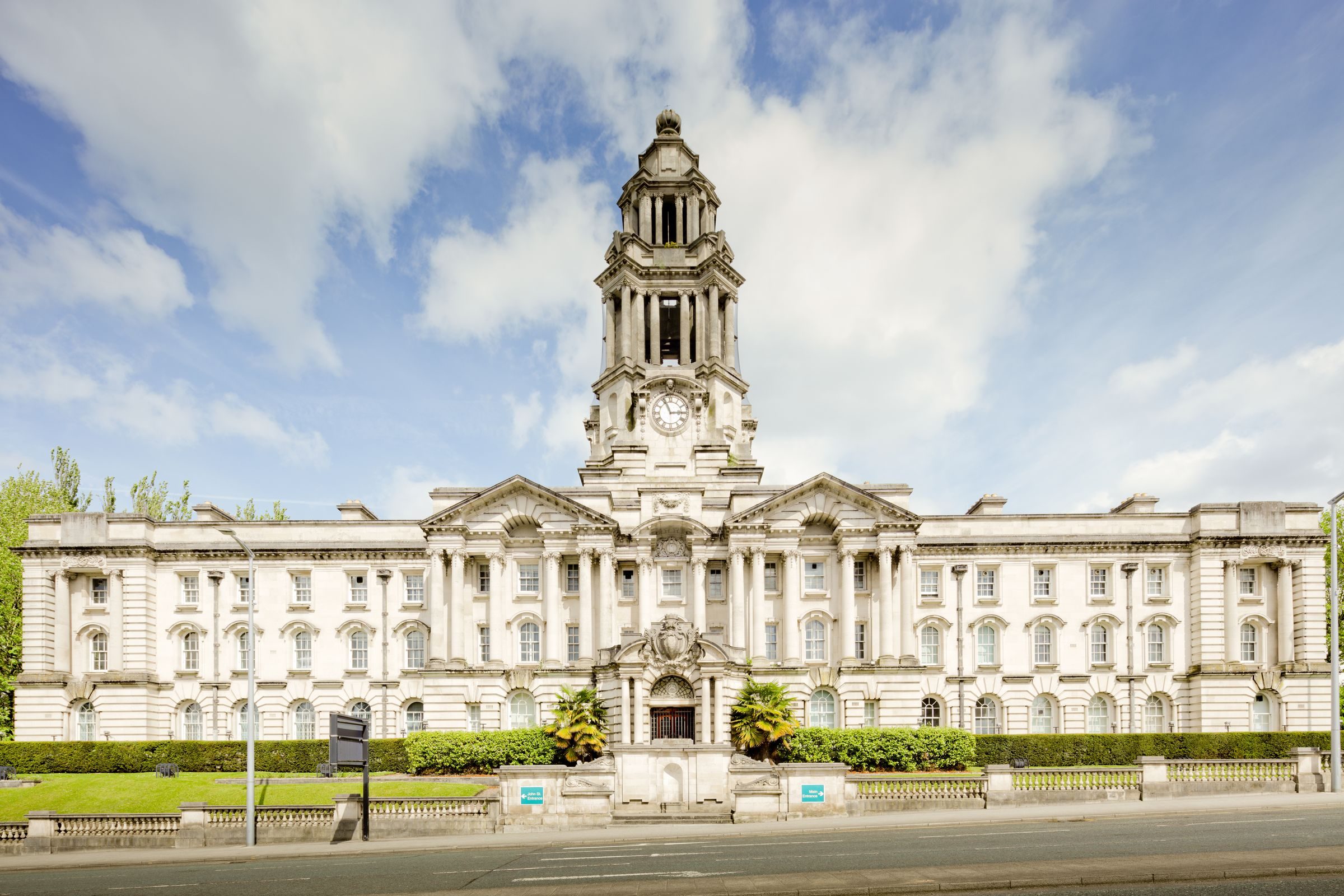 Stockport Town Hall under a blue sky